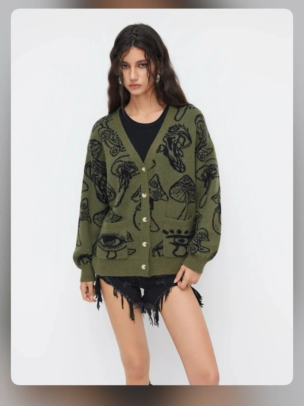 Cider KNIT V-NECK MUSHROOM GRAPHIC CARDIGAN M PG9-5 - Picture 1 of 7